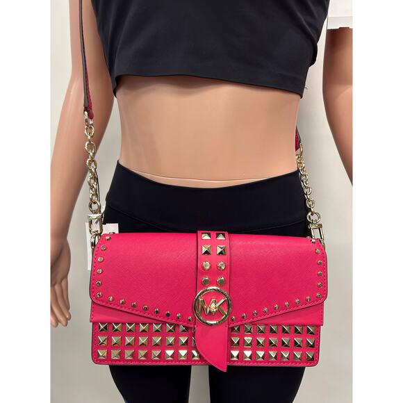 Michael Kors Greenwich Medium Studded Saffiano Leather Shoulder Bag - Rubin Red - Picture 4 of 8